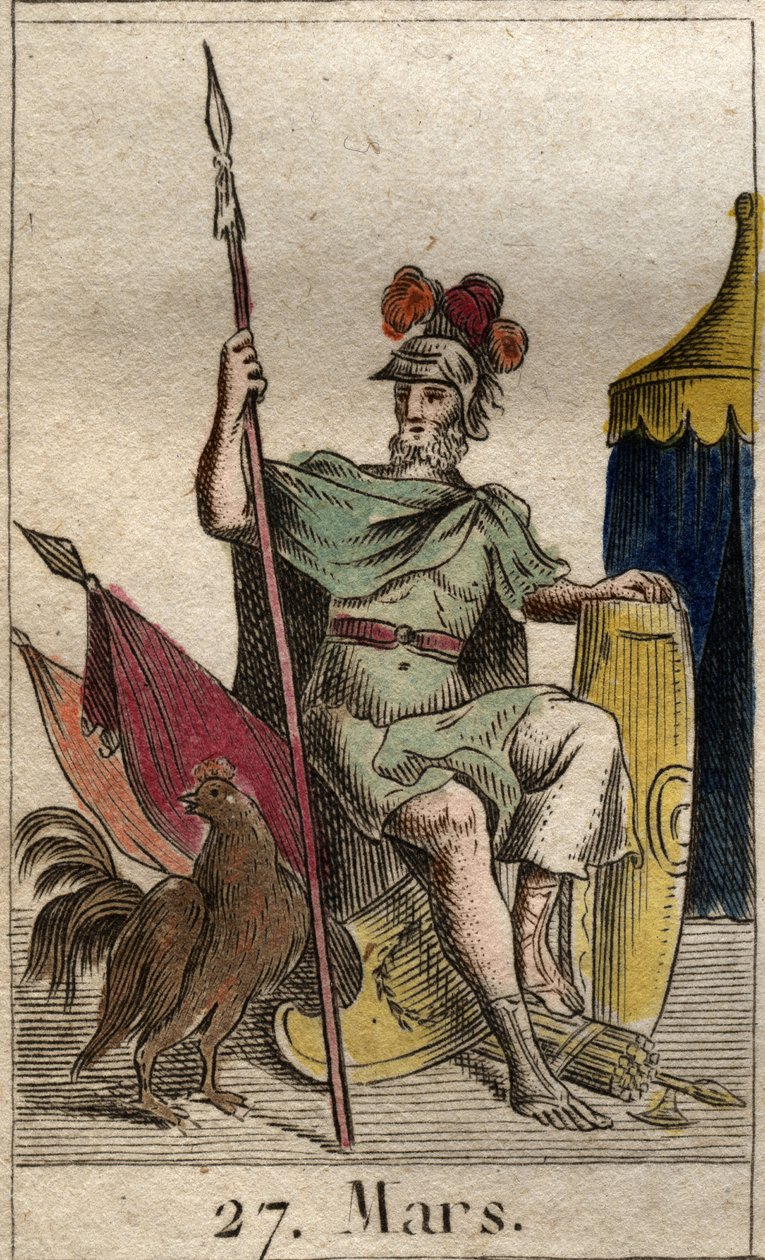 Znázornění boha války Marse, zbraň, poblíž kohouta. (The God of War Mars vyzbrojený hřebem). Z „Mytologie mládí“ od Pierra Blancharda 1803. od French School