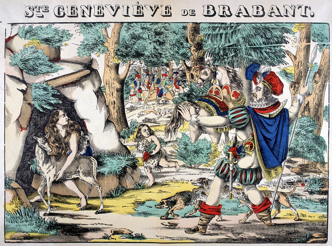Znázornění legendy o svaté Genevieve Brabantské. Scéna setkání mezi Genevieve opuštěnou v lese a jejím manželem. Obrázek Epinal od French School