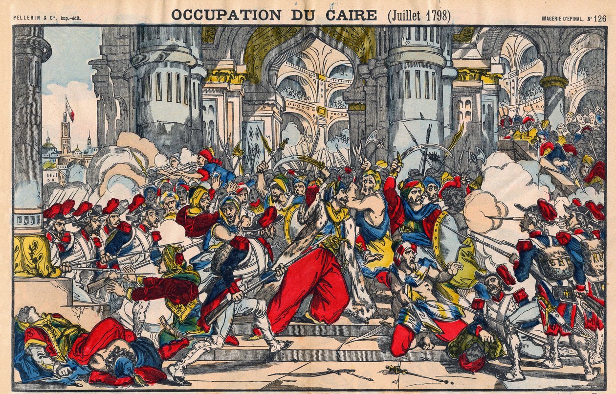 Reprezentace povstání obyvatel Káhiry proti francouzské okupaci vedené Bonapartem dne 21. října 1798. Epinal imaging od French School