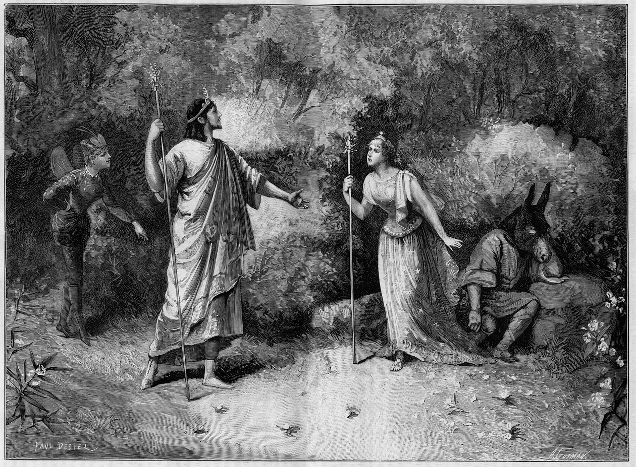 Divadelní představení: "Sen noci svatojánské" od Paula Meurice (1818-1905) podle Williama Shakespeara (1564-1616). Paříž, Národní divadlo Odeon od French School
