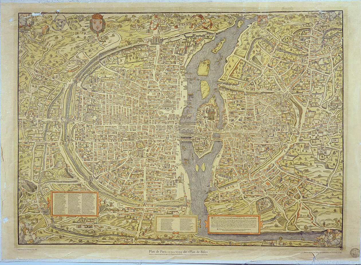 Reprodukce Basilejské mapy Paříže, původně vytvořené v letech 1552-59 od French School