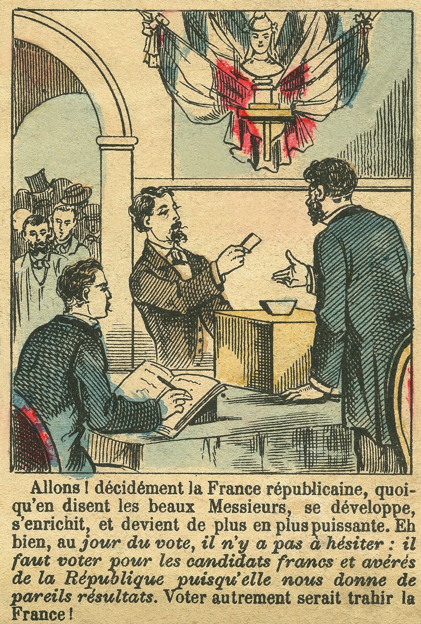 Republikánská Francie si zasloužila hlasy Francouzů. Rytina v příloze "Le Figaro", 30. března 1889, Paříž. Sb. Selva. od French School