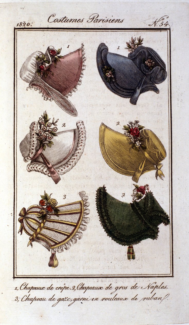 Režim obnovy: různé modely dámských klobouků z krepu, gázy a sametu. Rytina z roku 1820 od French School