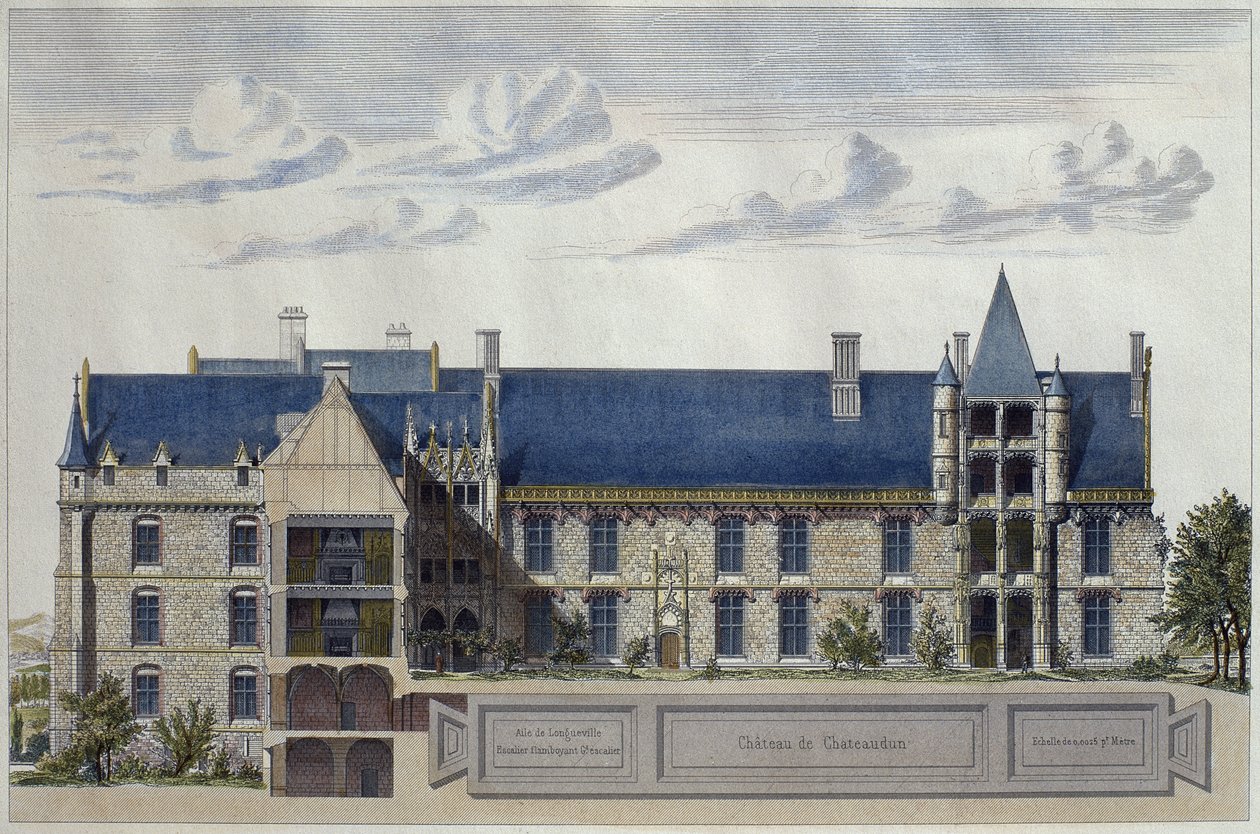 Restaurování Chateau de Chateaudun, ilustrace z Le Moniteur des architectes, ryl H. Penel (barevná rytina) od French School