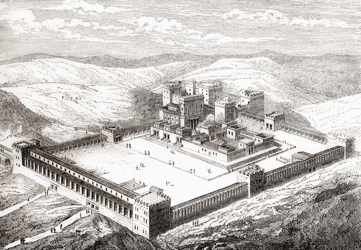 Obnovený Druhý chrám, který nahradil Šalamounův chrám, Jeruzalém, z knihy Les Merveilles de la Science, vyd. 1870. od French School
