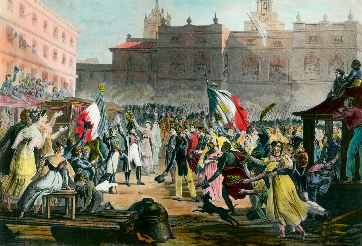 Návrat Napoleona Bonaparta (1769-1821) z ostrova Elba do Grenoblu v březnu 1815. Rytina kolem roku 1815 Soukromá sbírka od French School