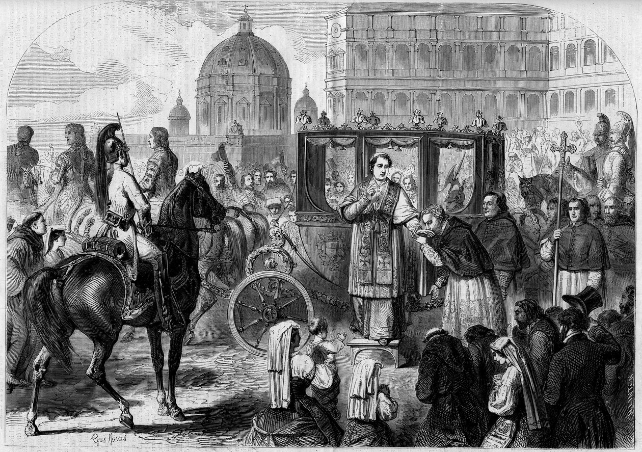 Návrat papeže Pia IX. (1792-1878) do Říma. Rytina v „The Illustrous World““ č. 65 z 26. června 1858. od French School