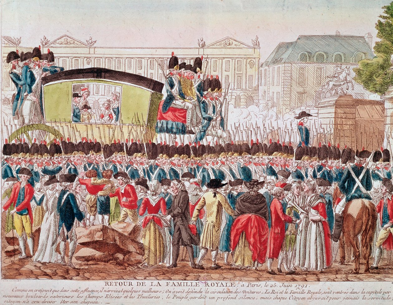 Návrat francouzské královské rodiny do Paříže, 25. června 1791, skupina překračuje Place de la Concorde (rytina) od French School