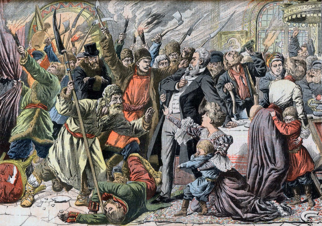 Revoluce 1905 - Revoltující ruští rolníci napadli venkovské sídlo. Jacquerie v ruských provinciích. Invaze hradu ruskými rolnickými povstáními. Ilustrace pro Le petit Journal, 2. dubna 1905. od French School