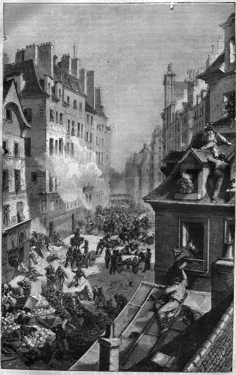 Revoluce 1830: boj ve faubourg Saint Antoine. Rytina v „Historie papežů-králů-královen a císařů v průběhu staletí““ od Maurice Lachatre od French School