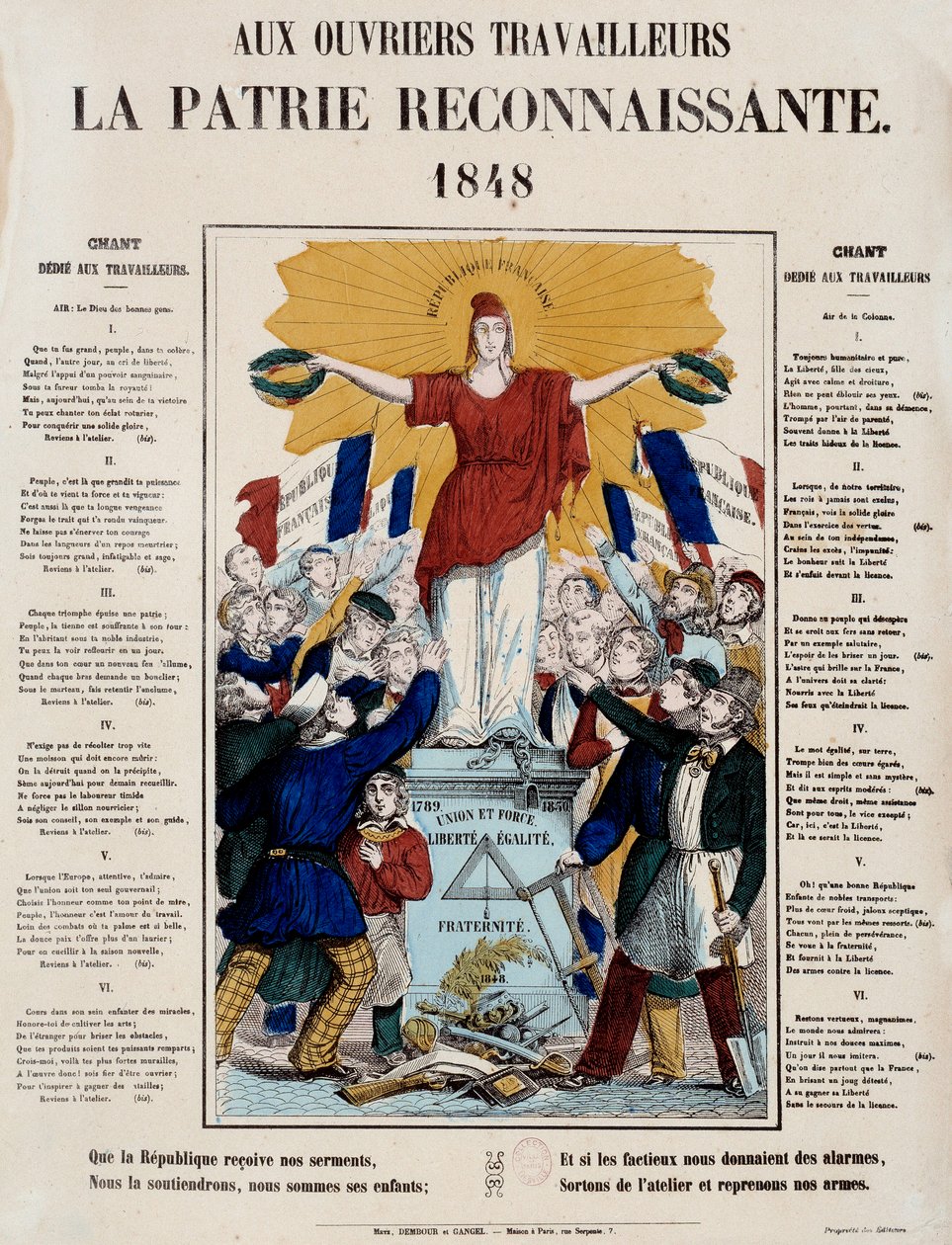 Revoluce 1848 a zrození druhé republiky: manifest a píseň s názvem „Dělníkům vděčná vlast“, Republique vítají dělníci. 1848 Paříž, Musee Carnavalet od French School