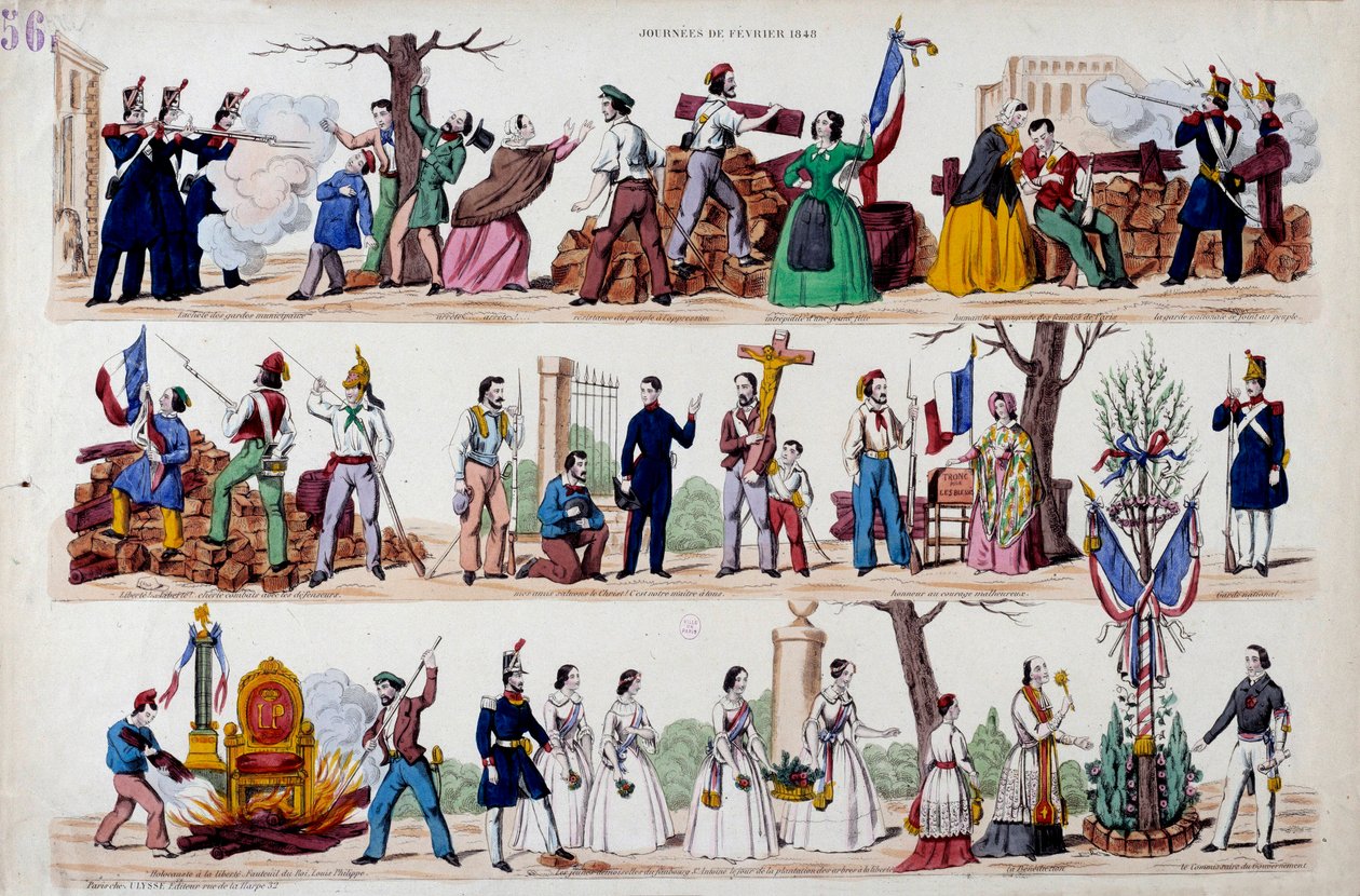 Únorová revoluce 1848: velké okamžiky povstání 23. února, barikády, pak sbratření mezi vojáky, dělníky a buržoazními, zničení symbolů moci Ludvíka Filipa I. (Louis-Philippe) a nakonec od French School