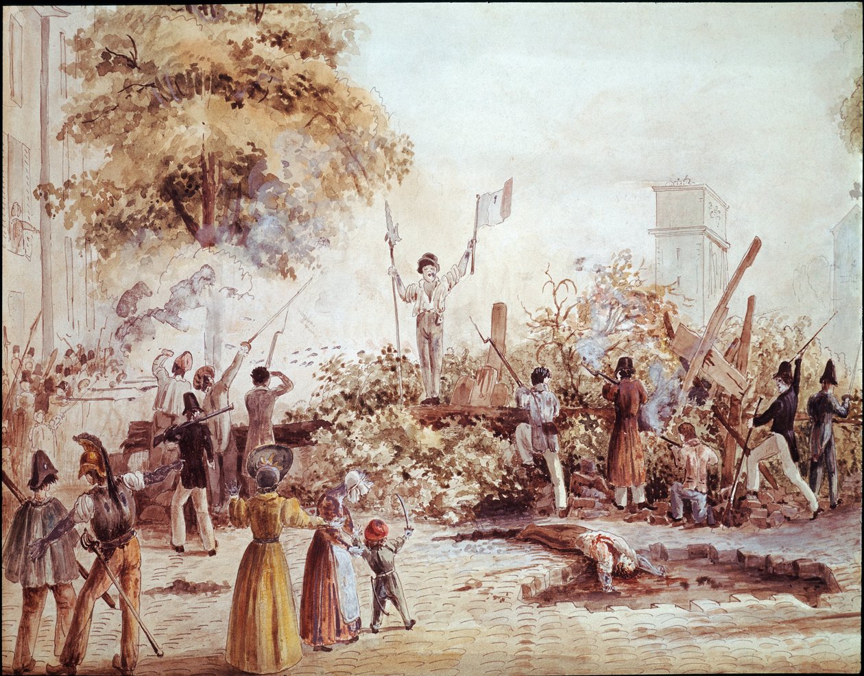 Červencová revoluce v Paříži - Barikáda na Boulevard Saint Martin 1. srpna (akvarel, cca 1830) od French School