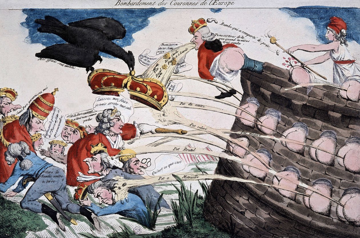 Revoluční průvodci od Marianne, kteří svými kecy bombardují evropské suverény. Karikatura vydaná během období francouzské revoluce. Leptání. 1792. Musee Carnavalet. od French School