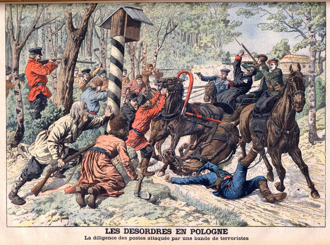 Revoluční v Polsku - Teroristé útočící na poštovní autobus v Polsku. Desorders v Polsku. Pilnost příspěvků napadených gangem teroristů. Ilustrace pro Le petit Journal od French School