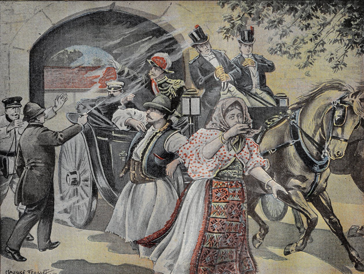 Revolverový útok na Milana Obrenoviče (1854-1901), bývalého srbského krále (1882 až 1889), 7. července 1899 v ulicích Sofie. Rytina v “” Le Pelerin”” 23/07/1899. od French School