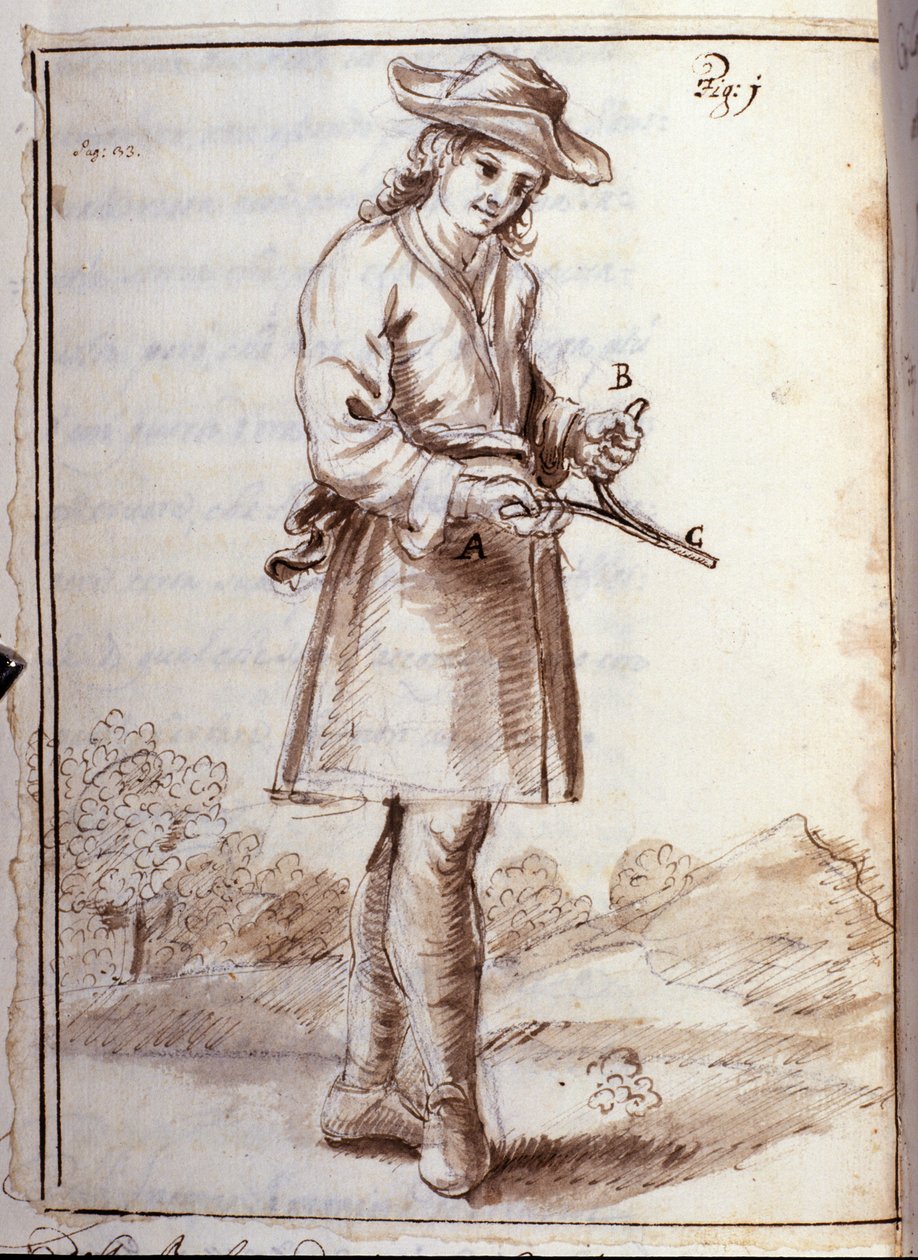 Rhabdomancy - rhabdomancie - sourcellerie - in “” Okultní fyzika, nebo Treat de la bagette divinatoire et de son utile pour la disouverte des sources des mines des caches, des thieves et des murtriers fugitives, etc” - od Pierre Le Lorrain (Abbe de Vallemo od French School