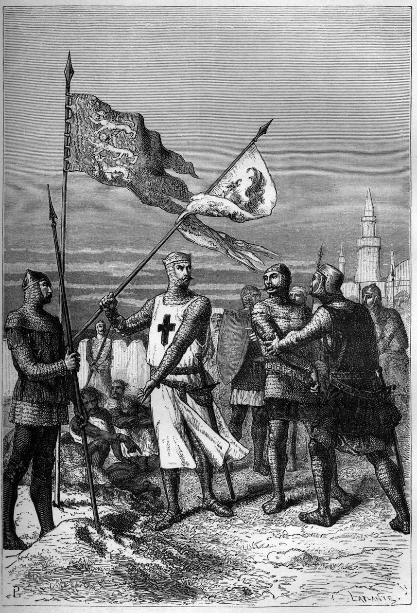 Richard Coeur de Lion nebo Richard I. Lví srdce (1157-1199) anglický král, zobrazeno, jak odstraňuje prapor arcivévody Leopolda V., vévody rakouského – rytina v „Dějinách Anglie od nejstarších dob“ od Francoise Guizota od French School