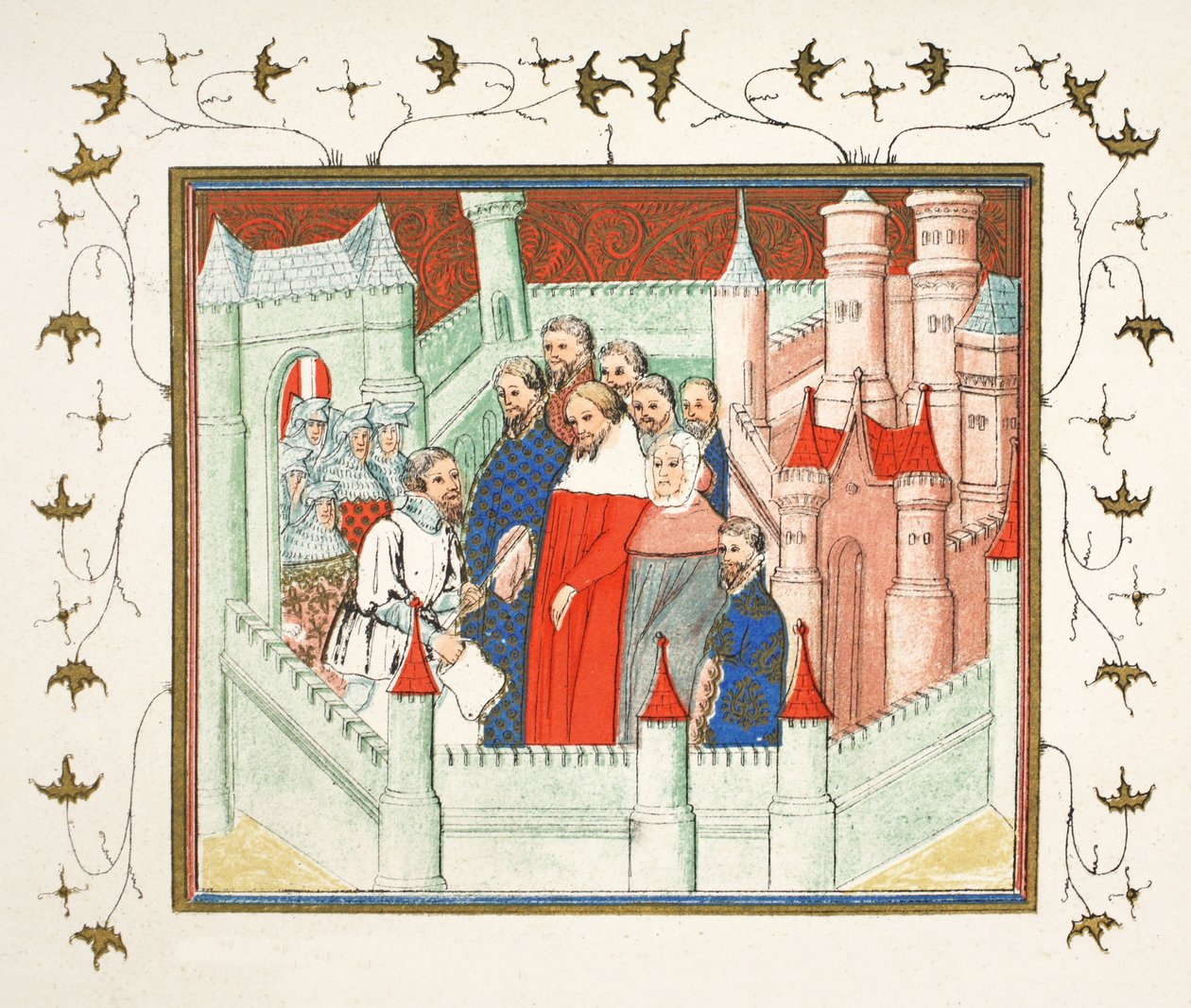Richard II. na hradě Flint, kde byl zajat Bolingbroke, svému rivalovi na trůn, faksimile kopie z Le Prinse et Mort du Roy Richart od Jeana Cretona, přetištěno 19. století (barevně od French School