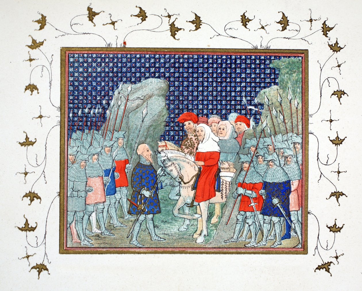 Richard II. zrazen v Penmaur Rhos a zajat vévodou z Northumberlandu, faksimile kopie z Le Prinse et Mort du Roy Richart od Jeana Cretona, přetištěno 19. století od French School