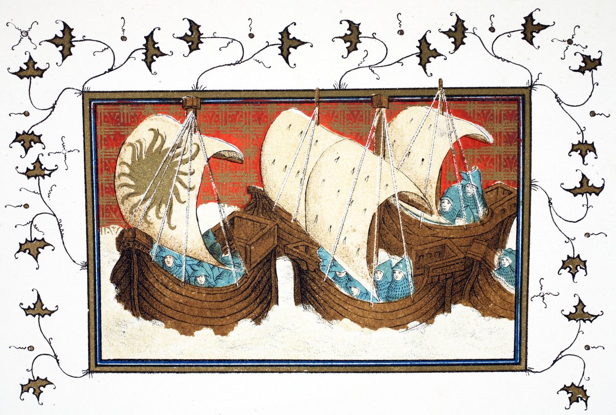 Richard II a jeho flotila přistávající v Milford Haven, faksimile kopie z Le Prinse et Mort du Roy Richart od Jean Creton, přetištěno 19. století od French School