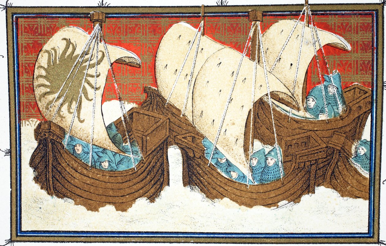 Richard II a jeho flotila přistávající v Milford Haven, faksimile kopie z Le Prinse et Mort du Roy Richart od Jean Creton, přetištěno 19. století od French School