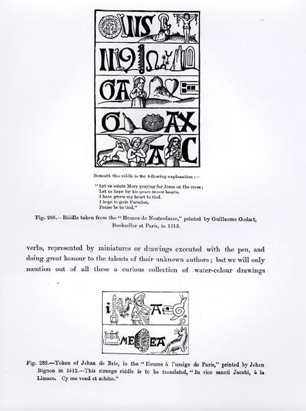 Hádanka z Heures de Nostredame, vytištěná Guillaume Godartem v roce 1513, a Token of Jehan de Brie z Heures a lusaige de Paris, vytištěné Jehanem Bignonem v roce 1512, ilustrace z Science and od French School