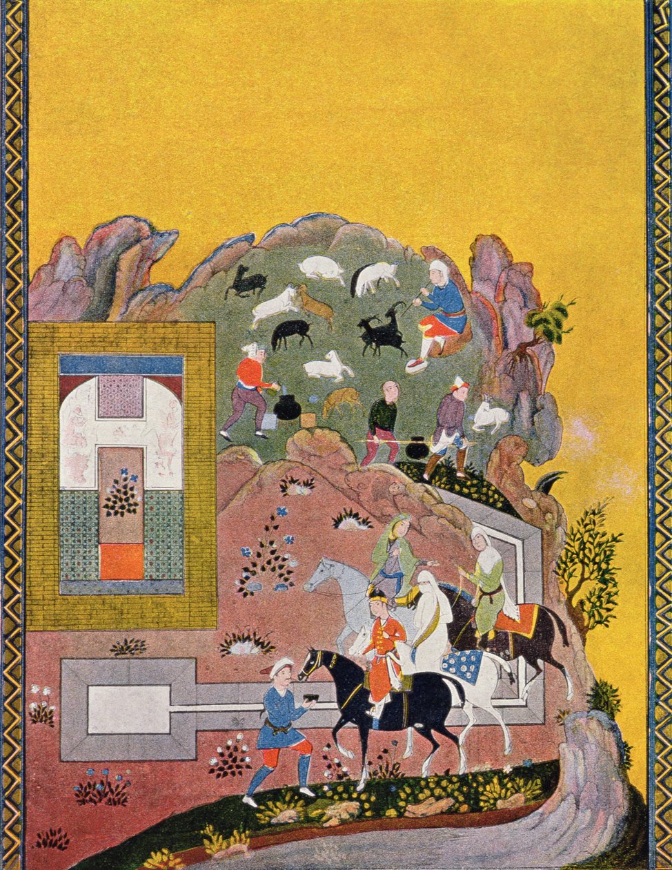 Jezdec a jeho harém, ilustrace pro The Arabian Nights, 1895 (barevná rytina) od French School