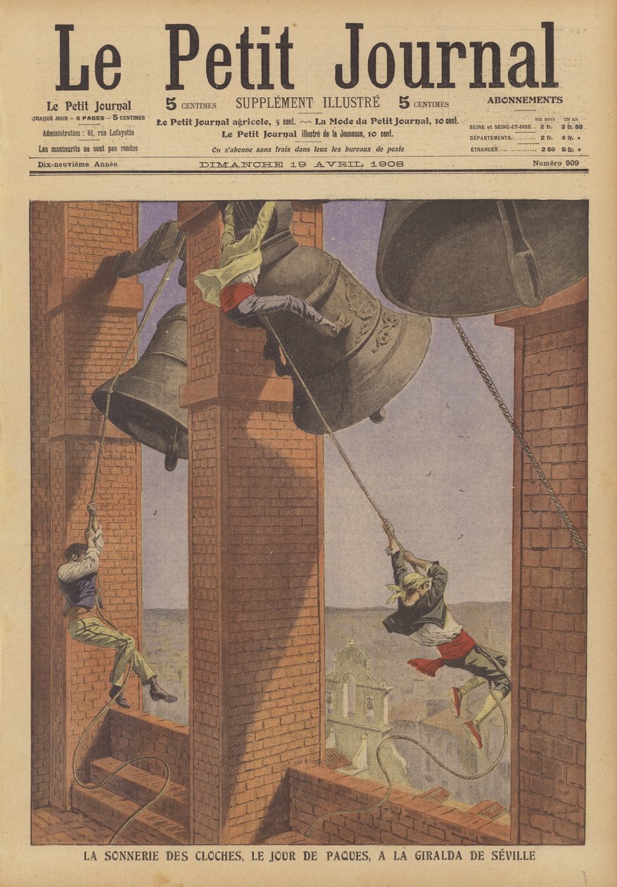 Zvonění zvonů na Giraldě, zvonici sevillské katedrály, o Velikonoční neděli (barevná litografie) od French School