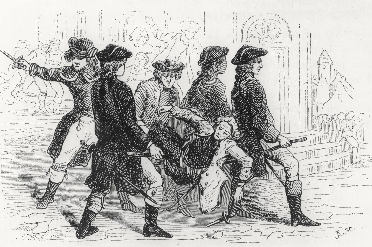Vzpoura v Rennes, raněný gentleman, ilustrace z Bretaně a Vendee, Historie revoluce na Západě od Pitre-Chevaliera (1812-63), vyd. W. Coquebert 1845-48 od French School