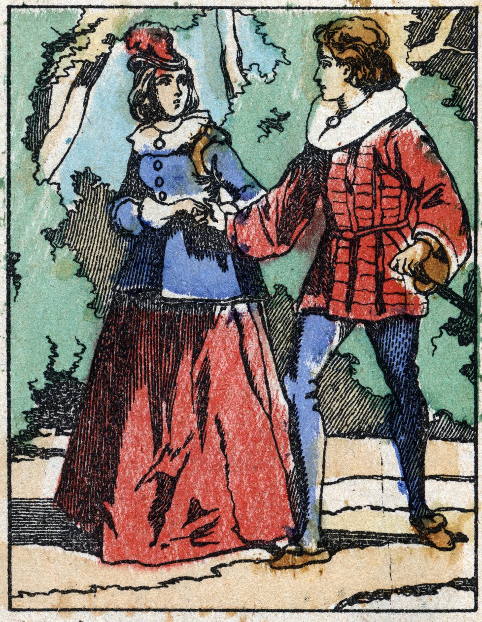 Riquet se znovu představuje princezně. Ilustrace k „“ Riquet a la houppe““, příběh Charlese Perraulta (1628-1703), francouzského spisovatele. Dřevoryt Imaging Pellerin - Epinal, sd. Konec 19. století. od French School