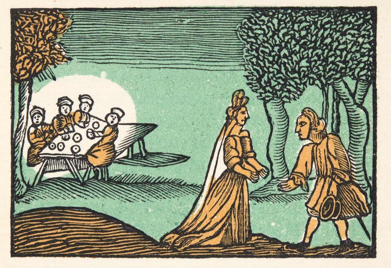Riquet with the Tuft, z Historie nebo Příběhy minulých časů vyprávěných matkou Husou, S morálkou, od M Perraulta, hospoda. 1925 (ručně kolorovaný dřevotisk) od French School