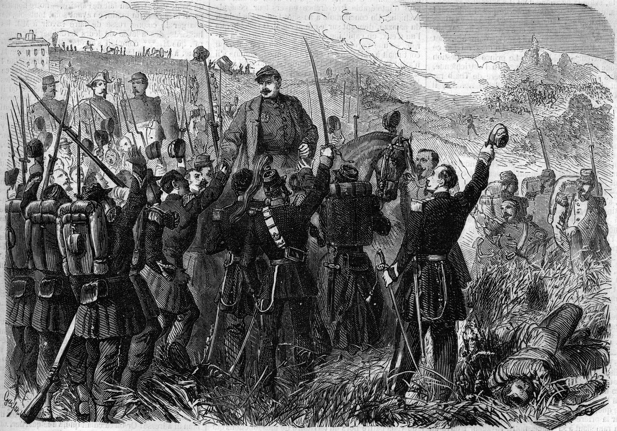 Risorgimento – bitva u Montebello della Battaglia (Itálie), 21. května 1859: Francouzský generál Elie Frederic Forey (1804 - 1872), velitel italské armády, po vítězství nad rakouskou armádou triumfoval svými vojáky. Rytina v „“ Le Monde Illu od French School