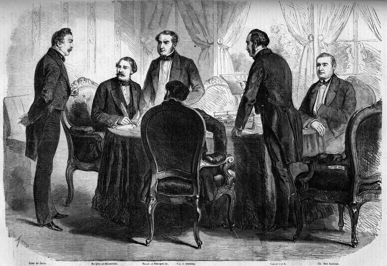 Risorgimento – Curyšská smlouva – 10. listopadu 1859: podpis Curyšské smlouvy zmocněnci Francie, Rakouska a Sardinie. Rakousko musí Lombardii přenechat Itálii. Rytina v „“ Le Monde Illustré““ č. 136 z 19. listopadu 1859. od French School