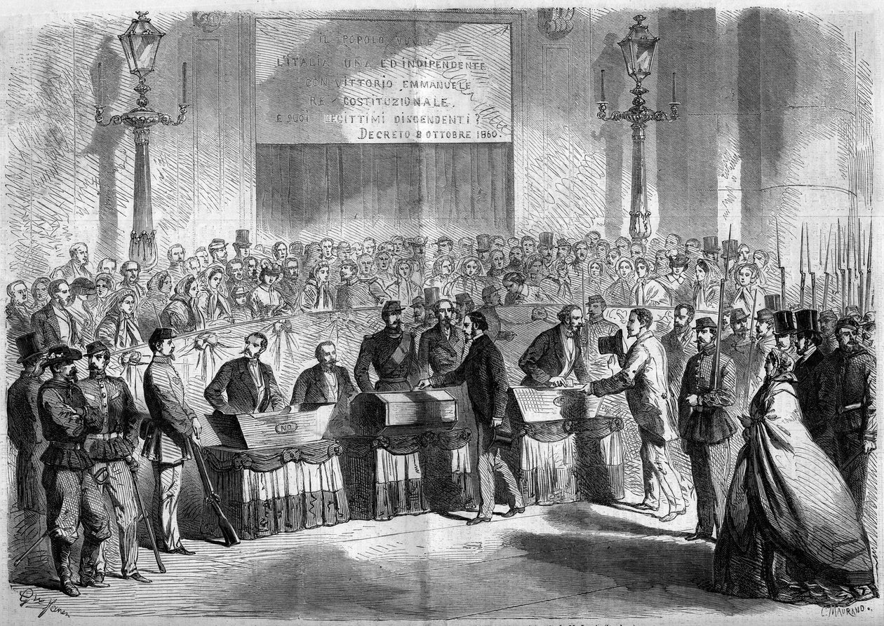 Risorgimento, Neapol, 21. října 1860: hlasování obyvatelstva v kostele Saint Francois de Paule o připojení města k Italskému království. Rytina v „“ Le Monde Illustré““ č. 188 ze 17. listopadu 1860. od French School