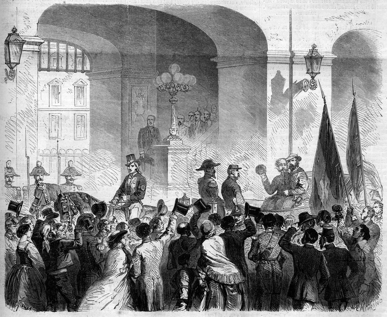 Risorgimento, Neapol, 7. listopadu 1860: vstup Viktora Emmanuela II. (Victor-Emmanuel) (Vittorio Emanuele) (1820-1878), krále Itálie, do královského paláce v Neapoli po hlasování obyvatelstva, které přijalo připojení Neapole k Italské království od French School