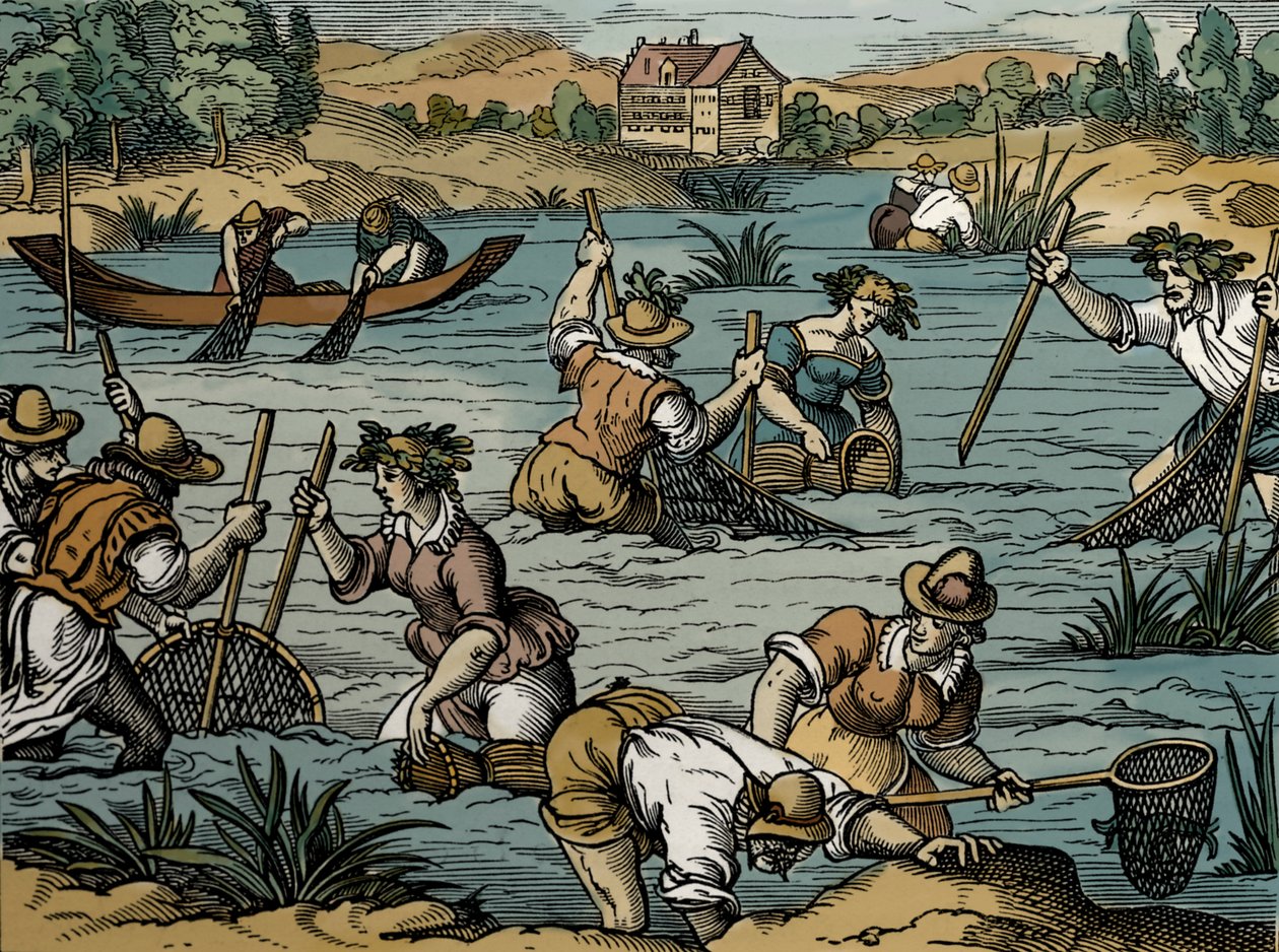 River Fishing, z roku 1584 (rytina) od French School