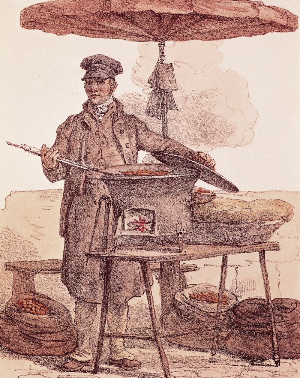 Prodejce pečených kaštanů, tisk, Francie od French School