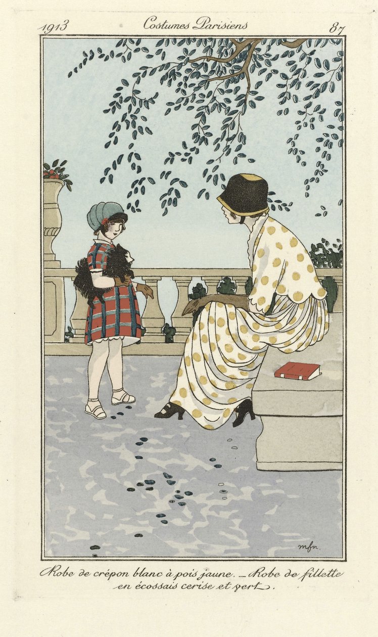 Bílé šaty Crépon se žlutými puntíky - Dívčí šaty s třešňovým a zeleným tartanem, z Costumes Parisien, pub.1913 (šablonový tisk) od French School