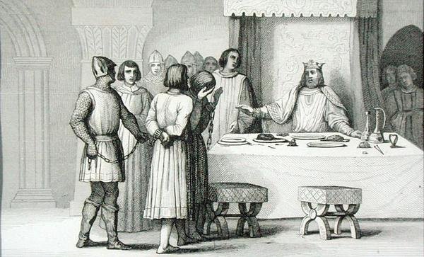 Robert II (970-1031) Pobožný propouští spiklence, z knihy "Histoire de France", vydané kolem roku 1840 (rytina). od French School