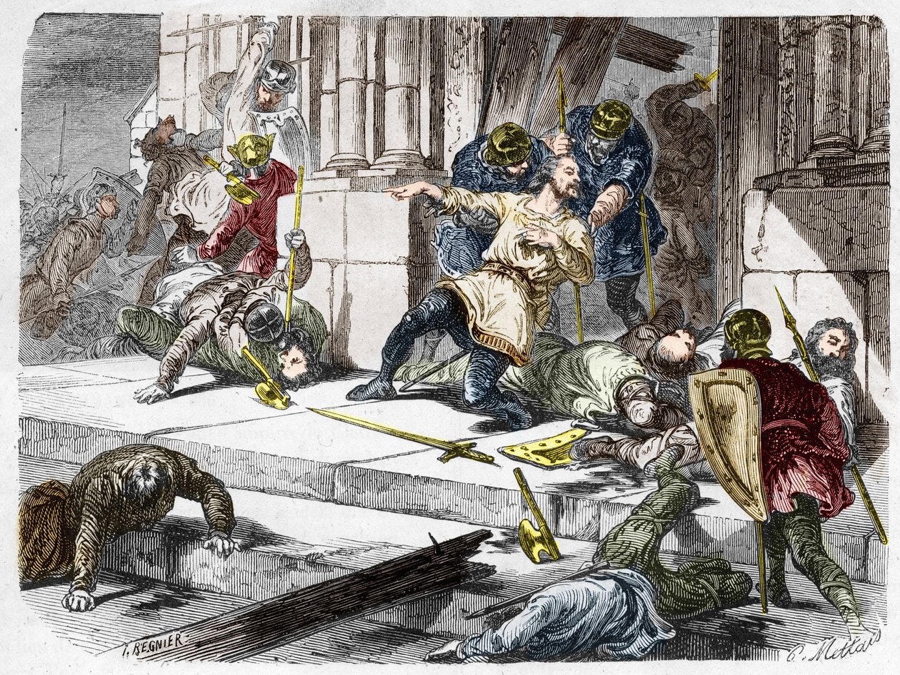 Robert the Fort zemřel (asi 815-866), vévoda z Francie, během bitvy u Brissarthe, v roce 866, když se postavil frankům proti armádě spojující Bretona a Vikinga. Rytina v „“ Histoire De France En Cent Paintings od Paula Lehugeura „“ 1891 od French School