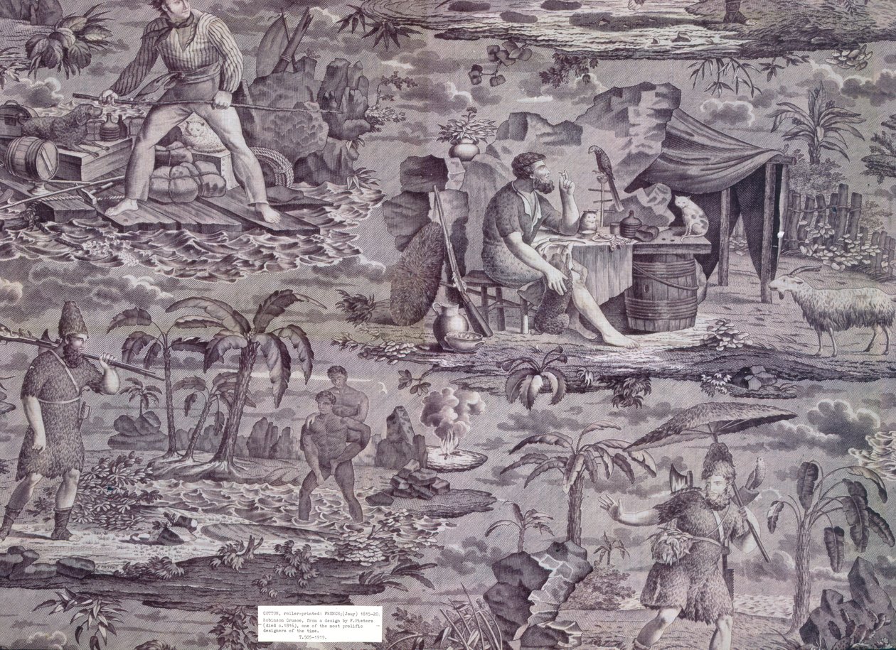 Robinson Crusoe, podle návrhu F. Pieterse, kolem 1815-20 (válcem potištěná bavlna) od French School