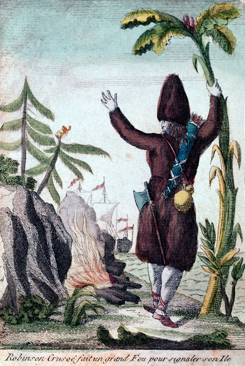 Robinson Crusoe rozdělá oheň, aby upozornil na svůj ostrov, Imagerie Basset (barevná rytina) od French School