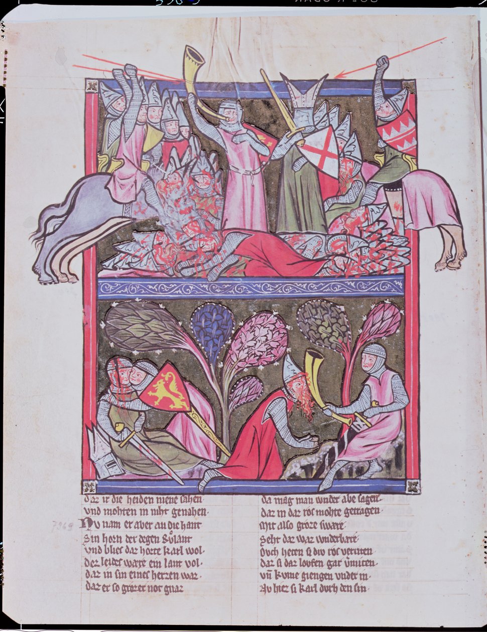 Roland troubí na roh v Roncevaux, ilustrace z Le Chanson de Roland, kopie originálního rukopisu konzervovaného v Saint-Gall ve Švýcarsku od French School