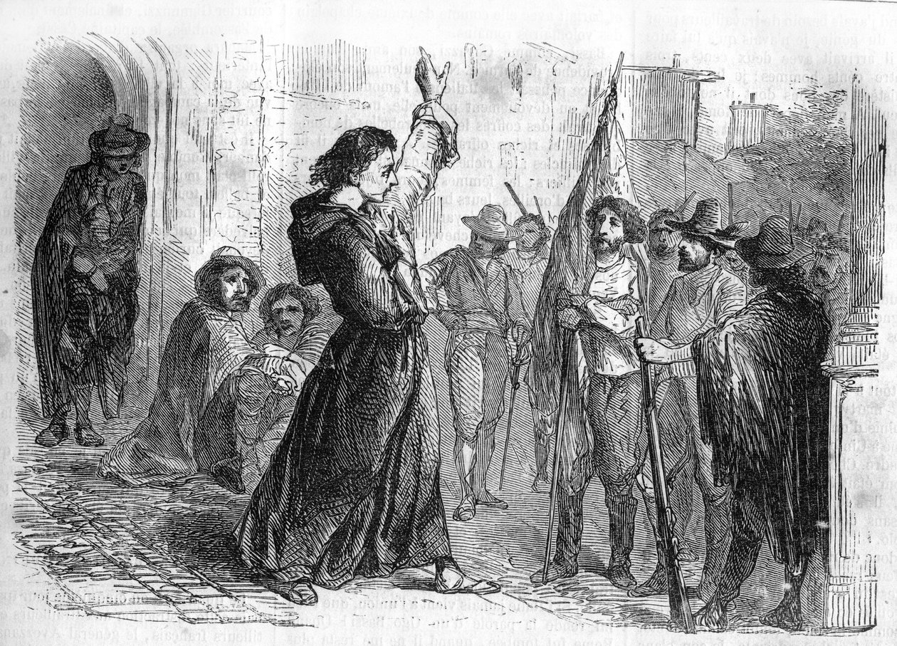 Římský seriál: „Památky Josepha Garibaldiho“ od Alexandra Dumase (1802-1870). Ugo Bassi (1800-1849) hájící dav, aby povzbudil obyvatele k účasti na Risorgimentu v roce 1848. Rytina v „“Les bons romances““ od French School