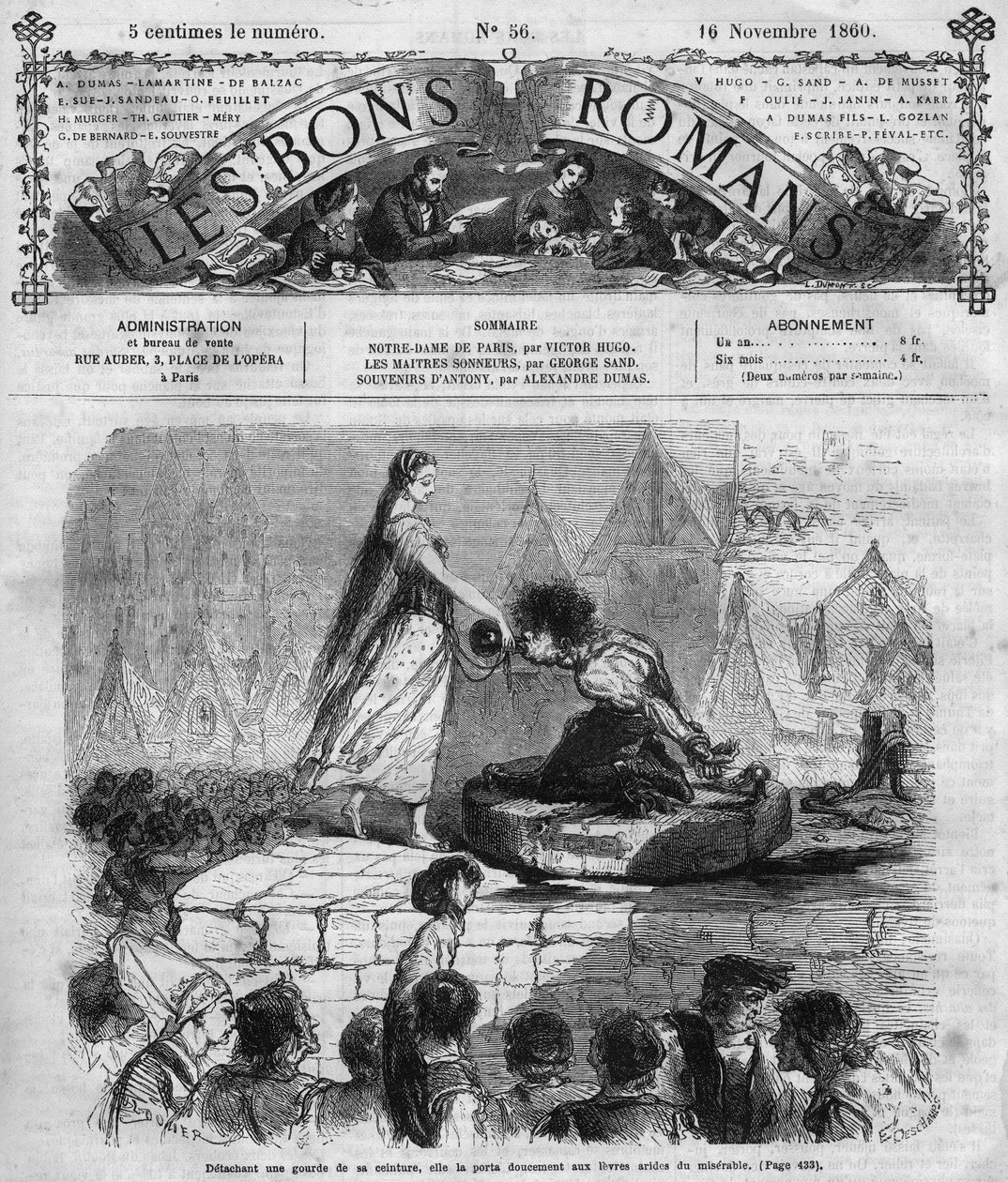 Římský seriál: ““ Notre Dame de Paris”” od Victora Huga (1802-1885). Quasimodo a Esmeralda. Rytina do „“Les bons romances““ od French School