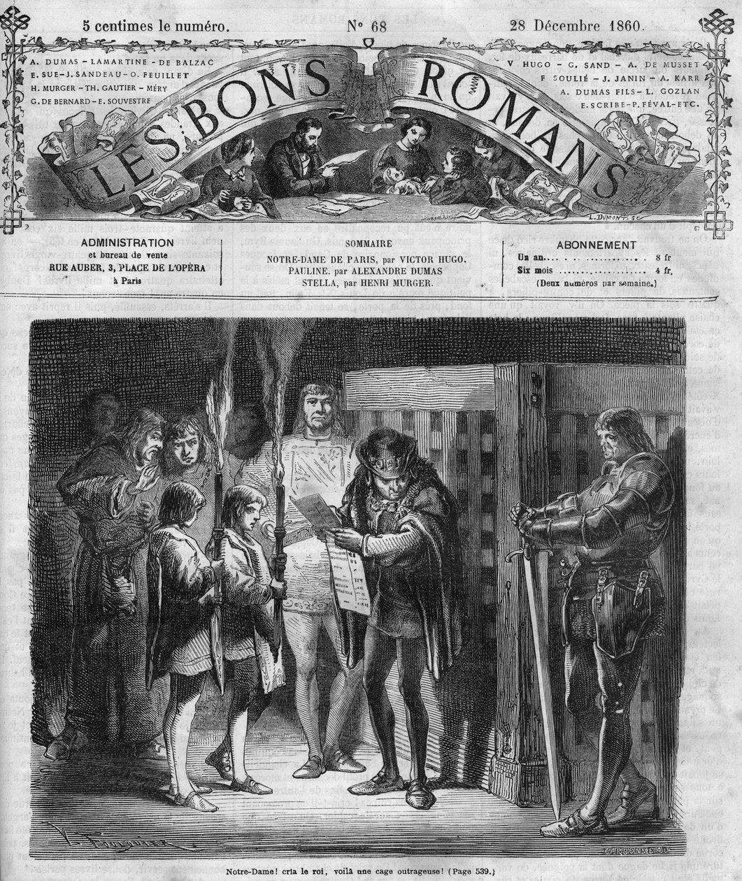 Římský seriál: ““ Notre Dame de Paris”” od Victora Huga (1802-1885). Král prohlíží klec. Rytina do „“Les bons romances““ od French School