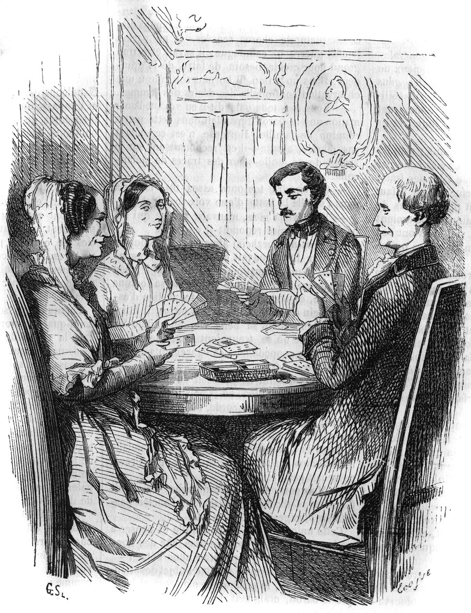 Římský seriál: „Hrabě Monte Cristo“ (Monte-Cristo) od Alexandra Dumase (1802-1870). Hra karet mezi čtyřmi postavami. Rytina do „“Les bons romances““ od French School