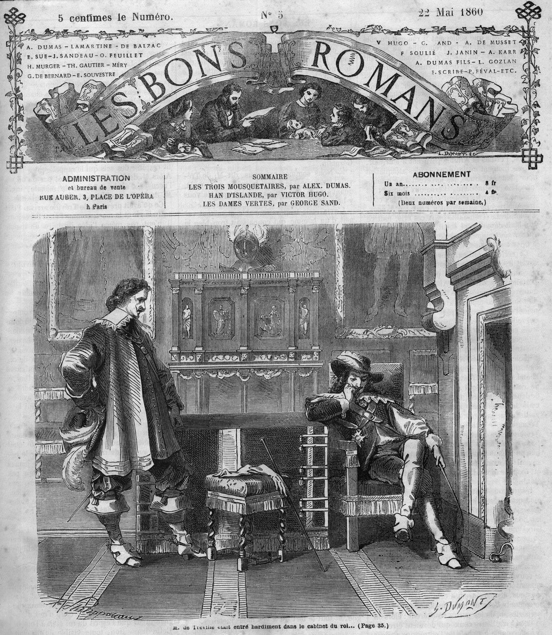 Římský seriál: „Tři mušketýři“ od Alexandra Dumase (1802-1870). Monsieur de Treville se směle vrací do královské kanceláře. Rytina do „“Les bons romances““ od French School
