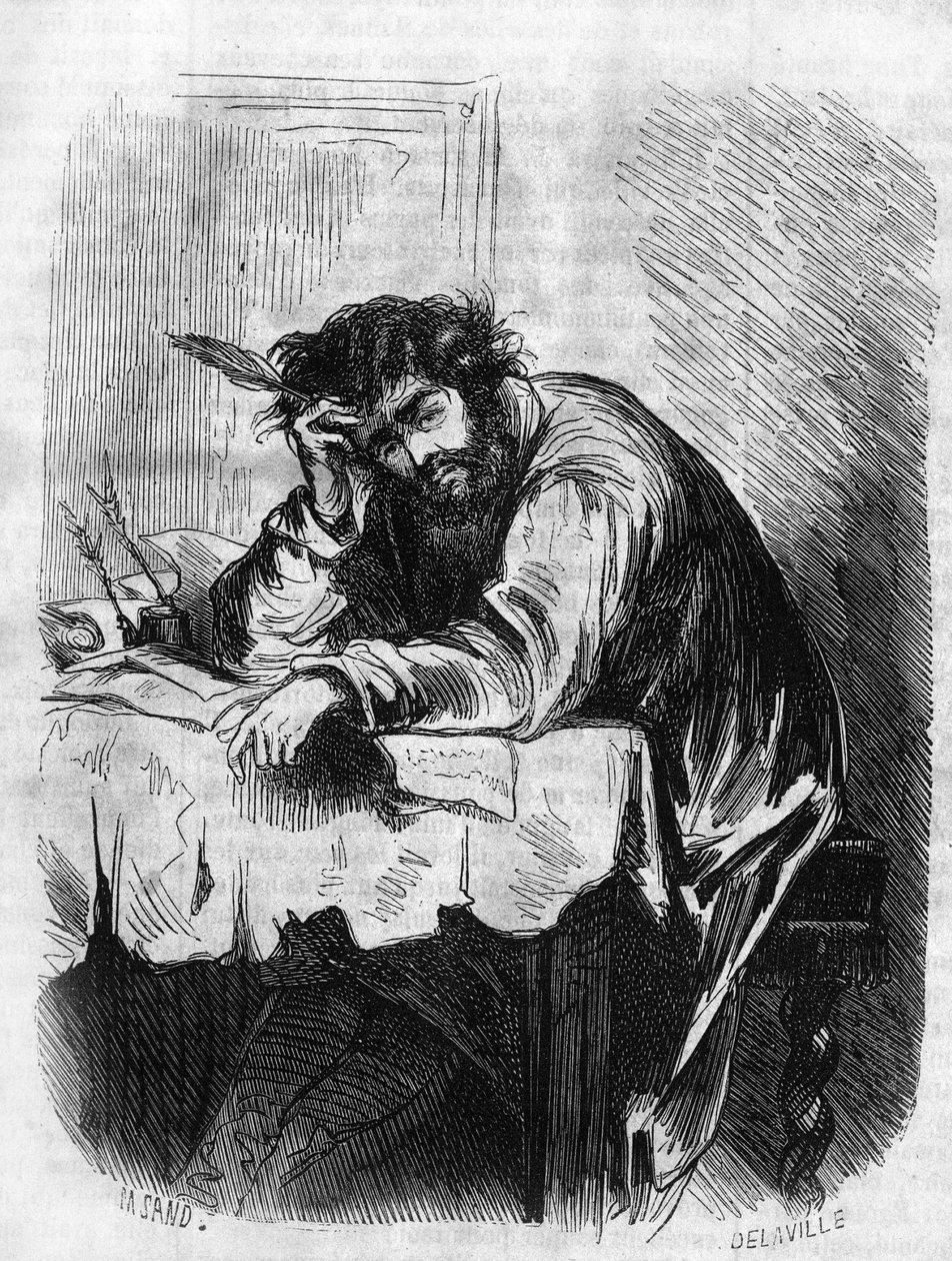 Římská telenovela: “”Horác”” od George Sand (Aurore Dupin, Baronne Dudevant) (1804-1876). "Horace se zabýval literárními eseji." Rytina do „“Les bons romances““ od French School